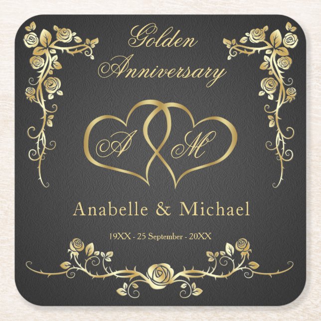 Gold Floral Hearts 50th Wedding Anniversary Square Paper Coaster (Front)