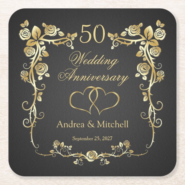 Gold Floral Hearts 50th Wedding Anniversary Square Paper Coaster (Front)