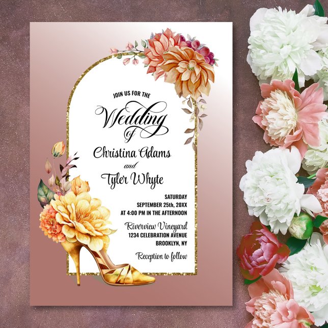Gold Floral High Heel Blush Pink Arch Wedding  Invitation (Creator Uploaded)