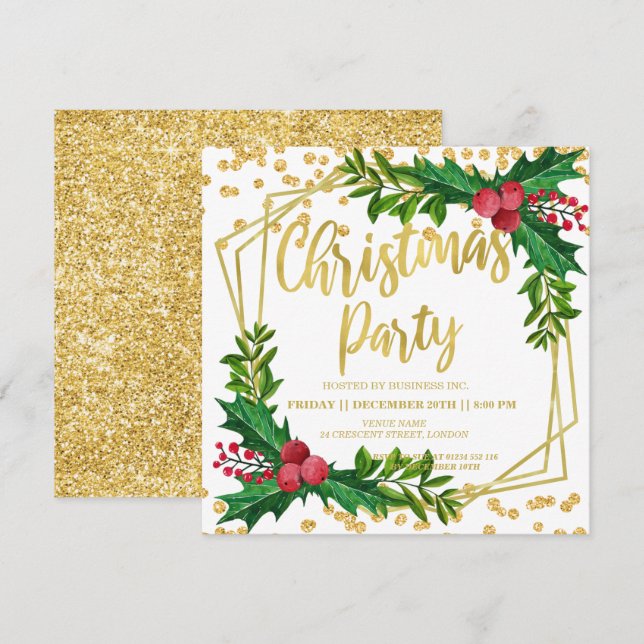 Gold Floral Holly Glitter Christmas Corporate Invitation (Front/Back)