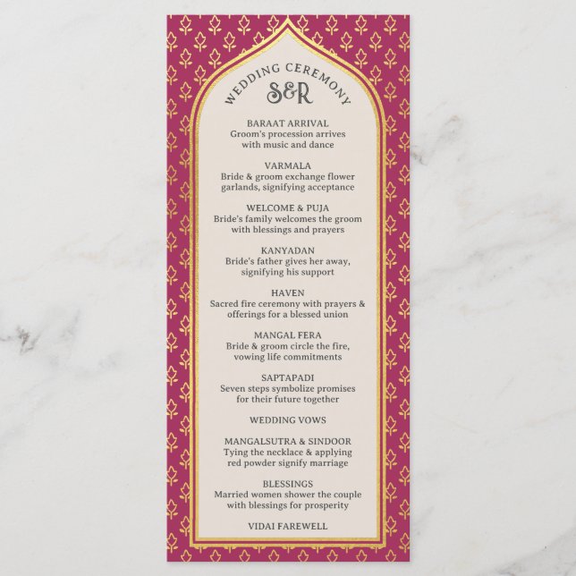Gold Floral Indian & Hindu Wedding Program Card (Front)
