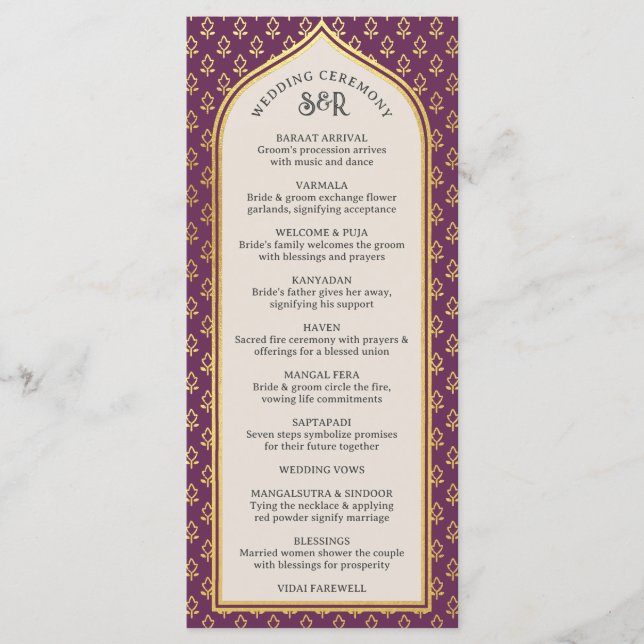 Gold Floral Indian & Hindu Wedding Program Card (Front)