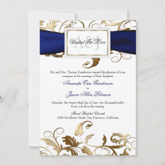 Gold Floral Invitation avec Navy Bow