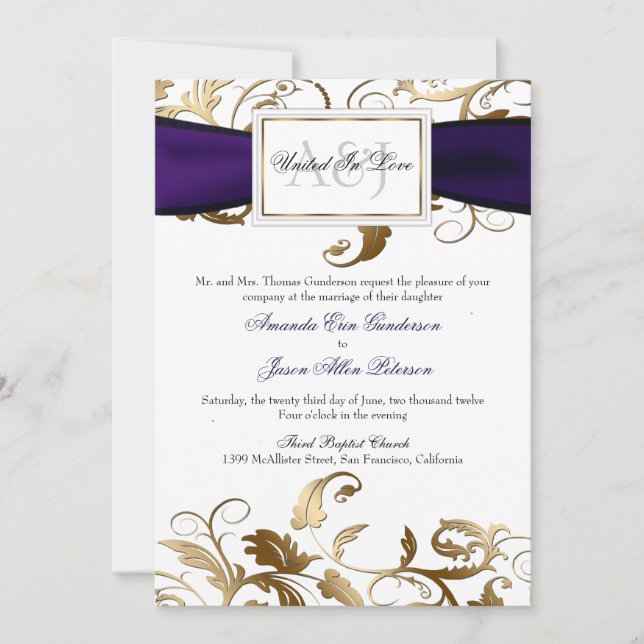 Gold Floral Invite with Purple Bow (Front)