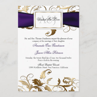Gold Floral Invite with Purple Bow