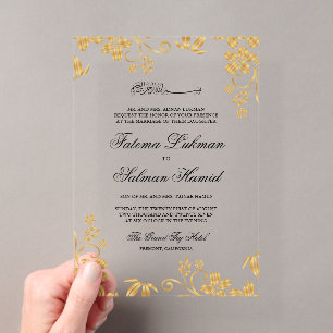 Gold Floral Islamic Muslim Wedding Acrylic Invitations