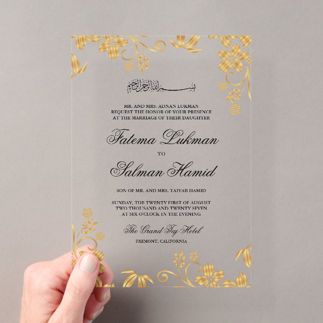 Gold Floral Islamic Muslim Wedding Acrylic Invitations (Insitu (Handheld))