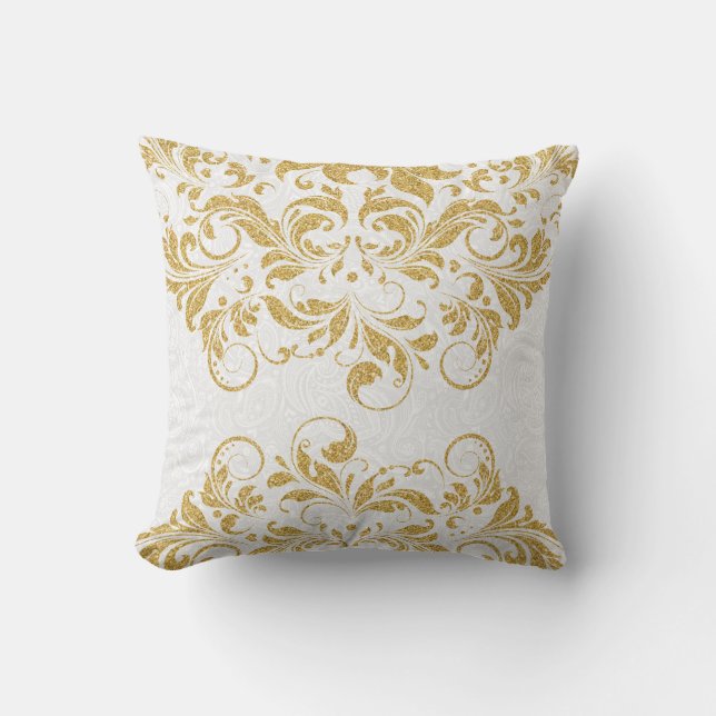 Gold Floral Lace Glitter Texture Print Throw Pillow (Front)