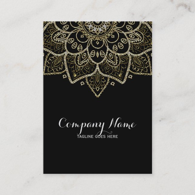 Gold floral lace mandala on black business card (Front)