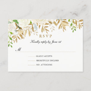 Gold Floral Leaf Watercolor Wedding RSVP Card