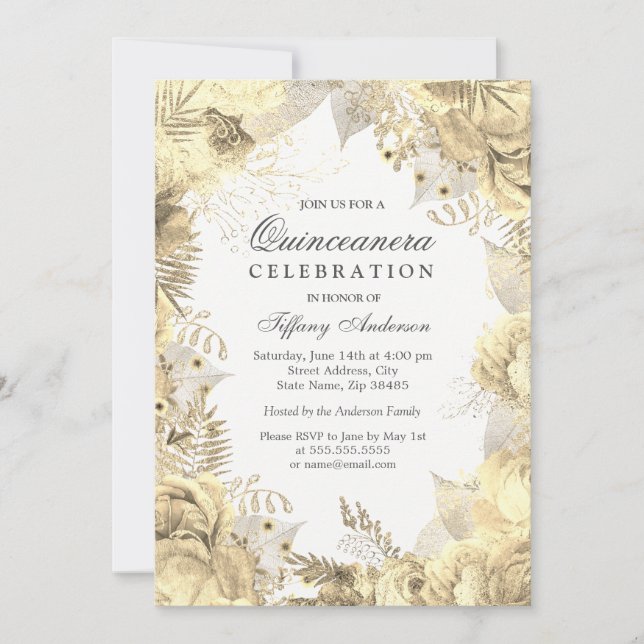 Gold Floral Leaf Wreath Quinceanera Invite (Front)