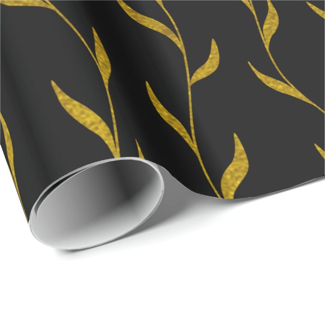 Gold Floral Leaves Botanical Pattern on Black Wrapping Paper (Roll Corner)