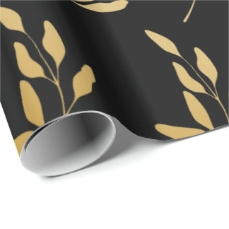 Gold Floral Leaves Botanical Pattern on Black Wrapping Paper