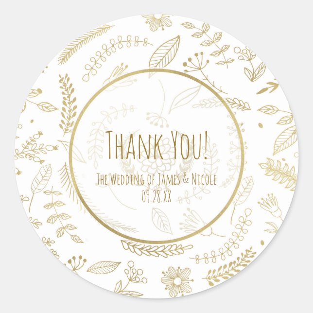 Gold Floral Leaves Rustic Elegant Wedding Favour Classic Round Sticker (Front)