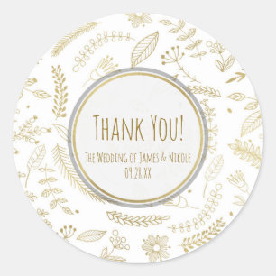 Gold Floral Leaves Rustic Elegant Wedding Favour Classic Round Sticker