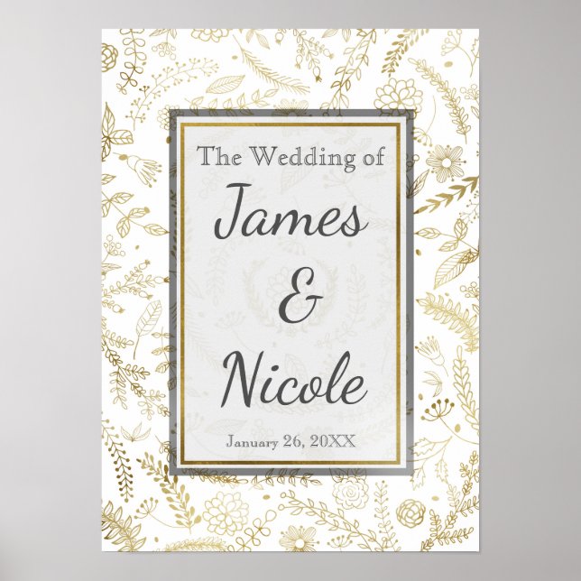 Gold Floral Leaves Rustic Wedding Banner Poster (Front)