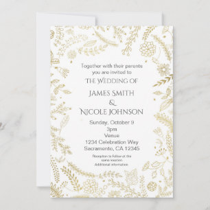Gold Floral Leaves Rustic Wedding Invitations