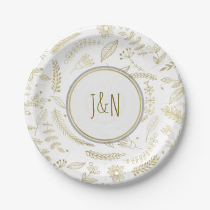 Gold Floral Leaves Rustic Wedding Reception Paper Plate
