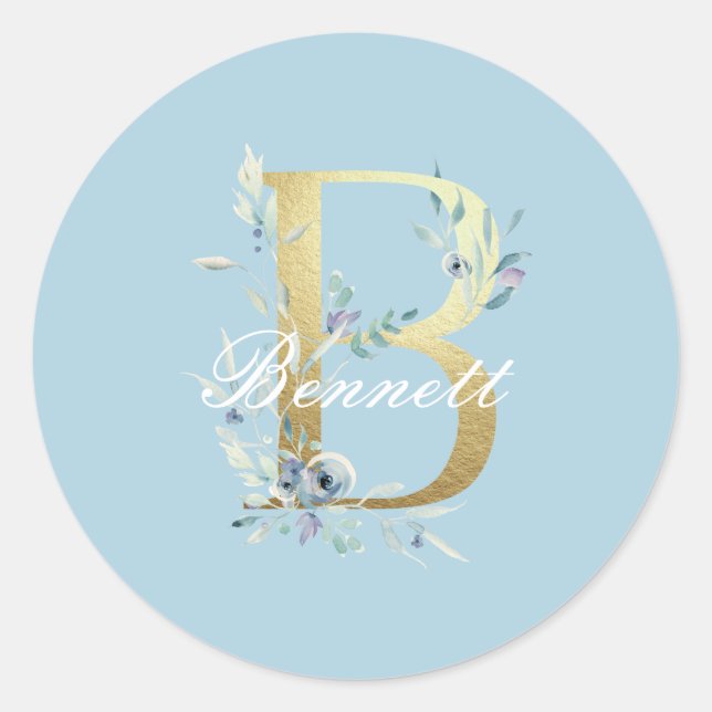 Gold Floral Letter "B" Customizable Classic Round Sticker (Front)