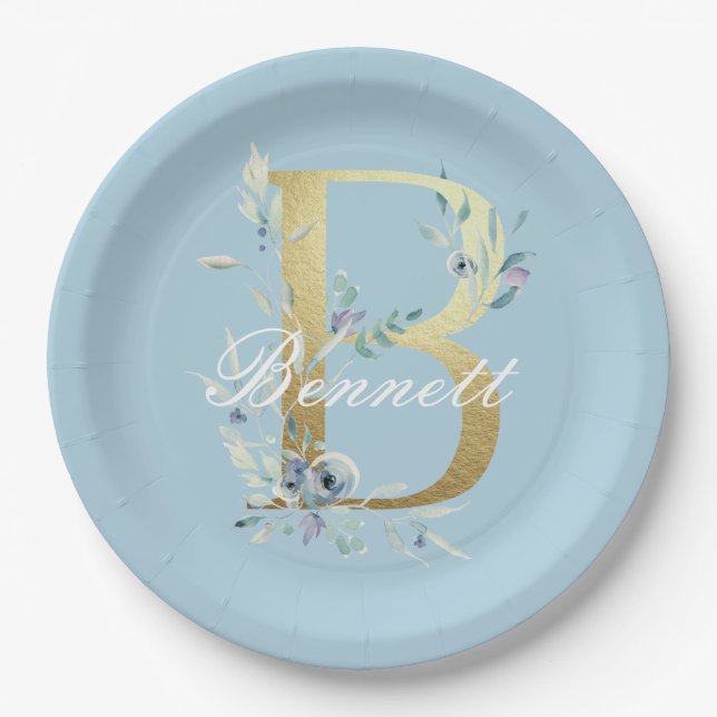 Gold Floral Letter "B" Customizable Paper Plate (Front)