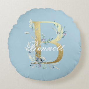 Gold Floral Letter "B" Customizable Round Pillow