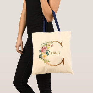 Gold floral lettering Monogram C Tote Bag