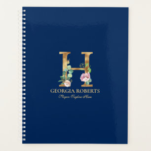 Gold & floral lettering Monogram on blue 3 Ring B Planner