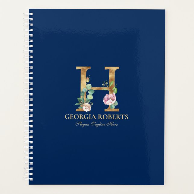 Gold  & floral lettering Monogram on blue 3 Ring B Planner (Front)