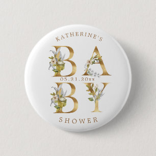 gold floral letters baby shower monogram button