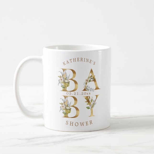gold floral letters baby shower monogram coffee mug (Left)
