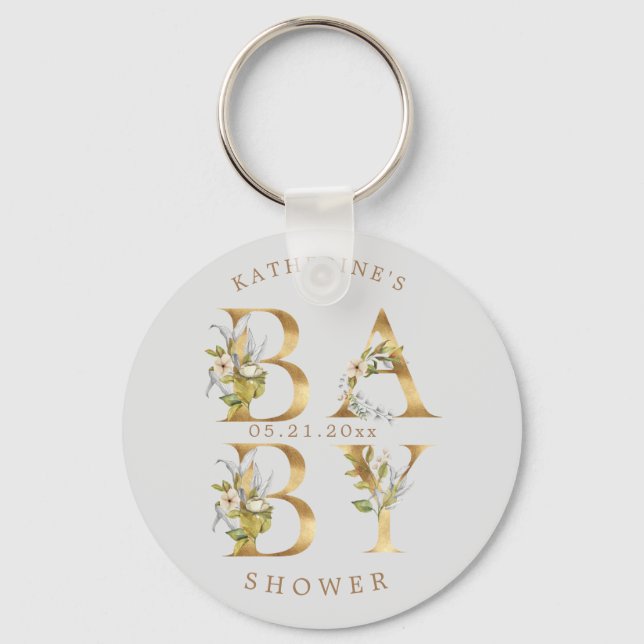 gold floral letters baby shower monogram keychain (Front)