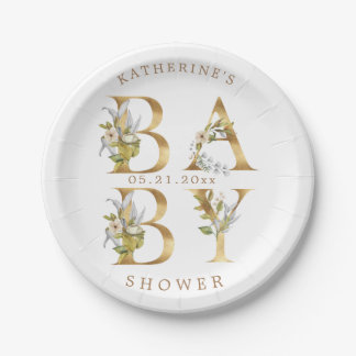 gold floral letters baby shower monogram paper pla plate