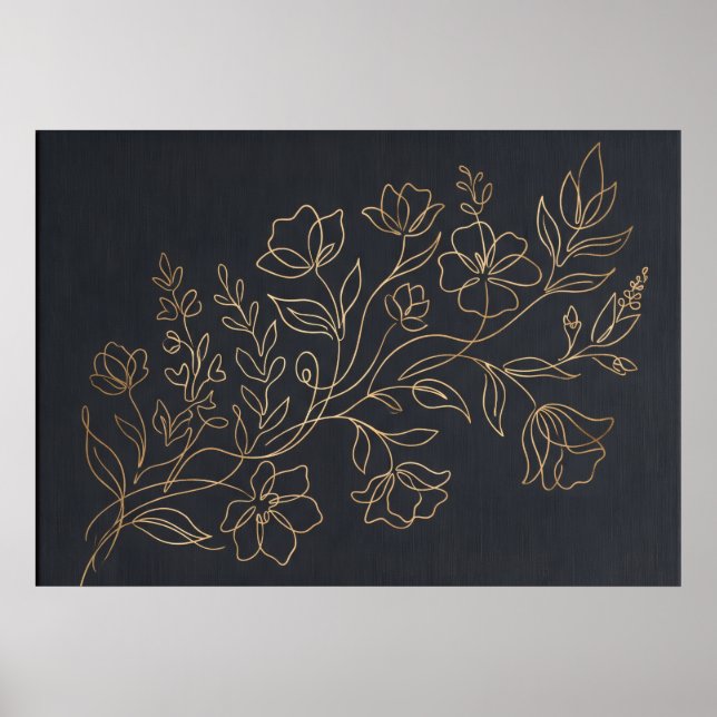 Gold Floral Line Art Black Poster (Front)