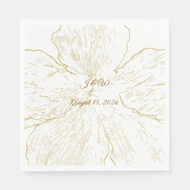 Gold Floral Line Art Botanical Wedding Luncheon Napkin (Front)