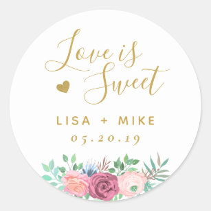 Gold Floral Love is Sweet Wedding Favour Classic Round Sticker