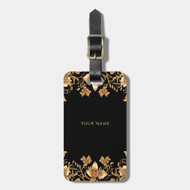 Gold Floral Luggage Tag (Front Vertical)