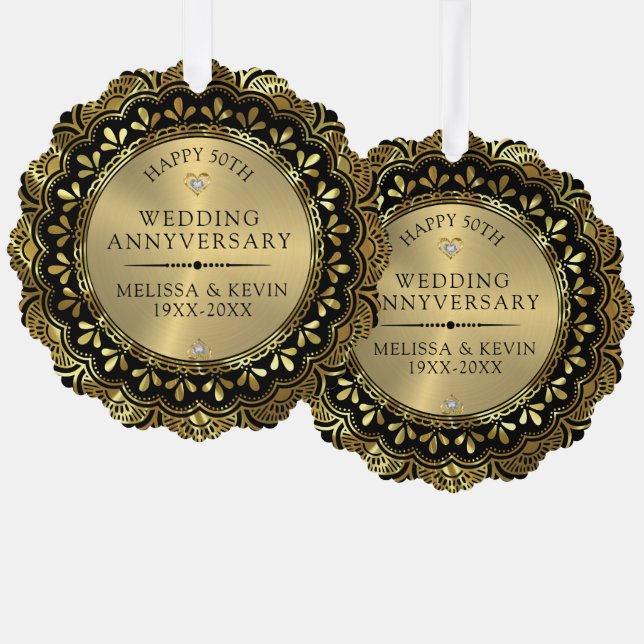 Gold floral mandala 50the wedding on black ornament card (Front/Back)