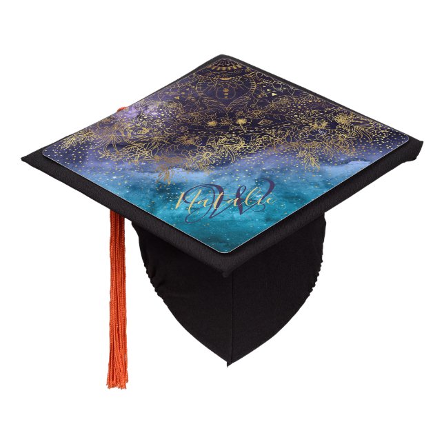 Gold floral mandala and confetti image graduation cap topper (Angled)