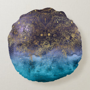 Gold floral mandala and confetti image round pillow