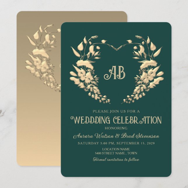 Gold Floral Monogram Emerald Wedding Invitation (Front/Back)