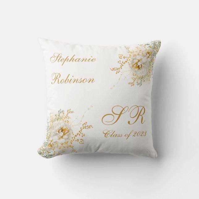 Gold Floral Monogram Graduation Gift  Throw Pillow (Front)