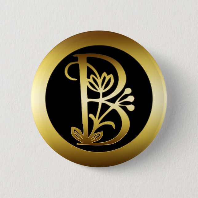 GOLD FLORAL MONOGRAM LETTER B 2 INCH ROUND BUTTON (Front)