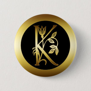 GOLD FLORAL MONOGRAM LETTER K 2 INCH ROUND BUTTON