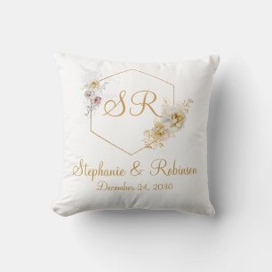Gold Floral Monogram Logo Wedding Gift Throw Pillow