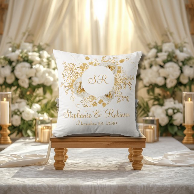 Gold Floral Monogram Logo Wedding Gift Throw Pillow (Creator Uploaded)