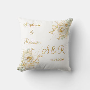 Gold Floral Monogram Logo Wedding Throw Pillow