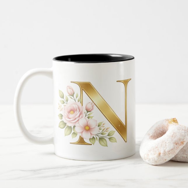 Gold Floral Monogram N Mug (With Donut)