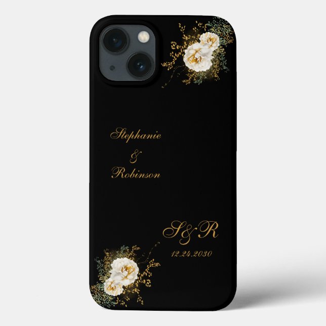 Gold Floral Monogram On Black  Wedding  Case-Mate iPhone Case (Back)