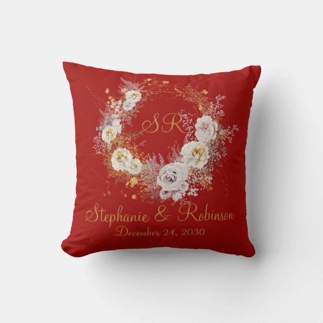 Gold Floral Monogram On Red Christmas Wedding  Throw Pillow (Front)