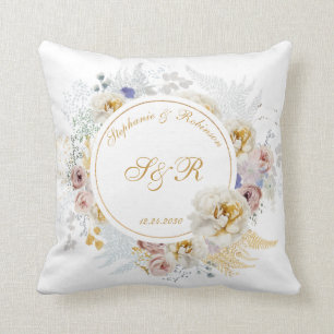 Gold Floral Monogram Wedding Throw Pillow